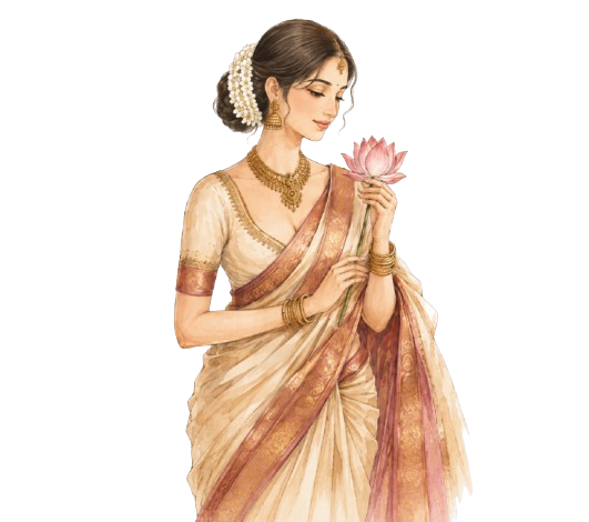 South Indian Bride in Silk Saree holding Lotus